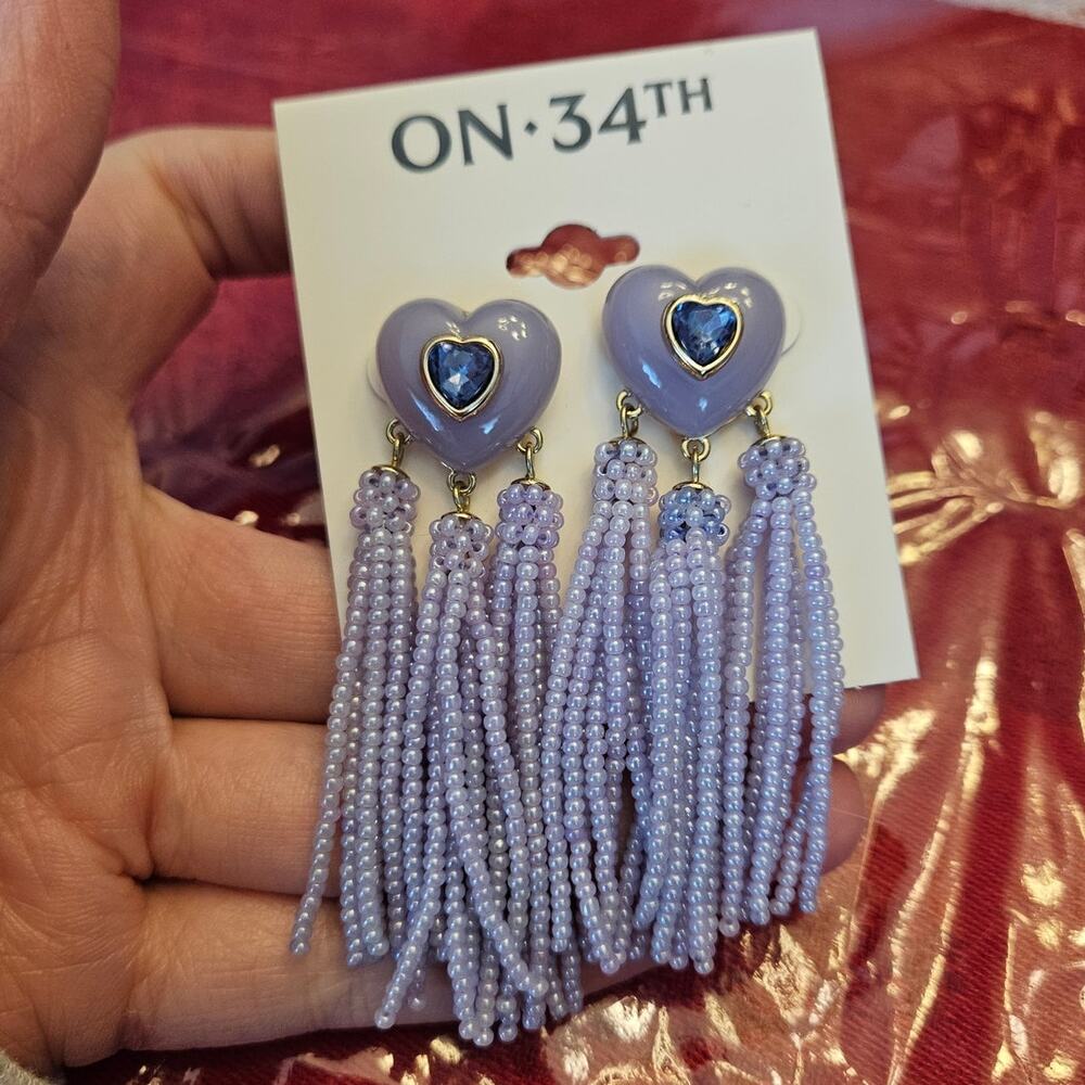 🦄 ON 34th Crystal Heart Dangle Drop Earrings w/ Purple Beaded Fringe Party Glam